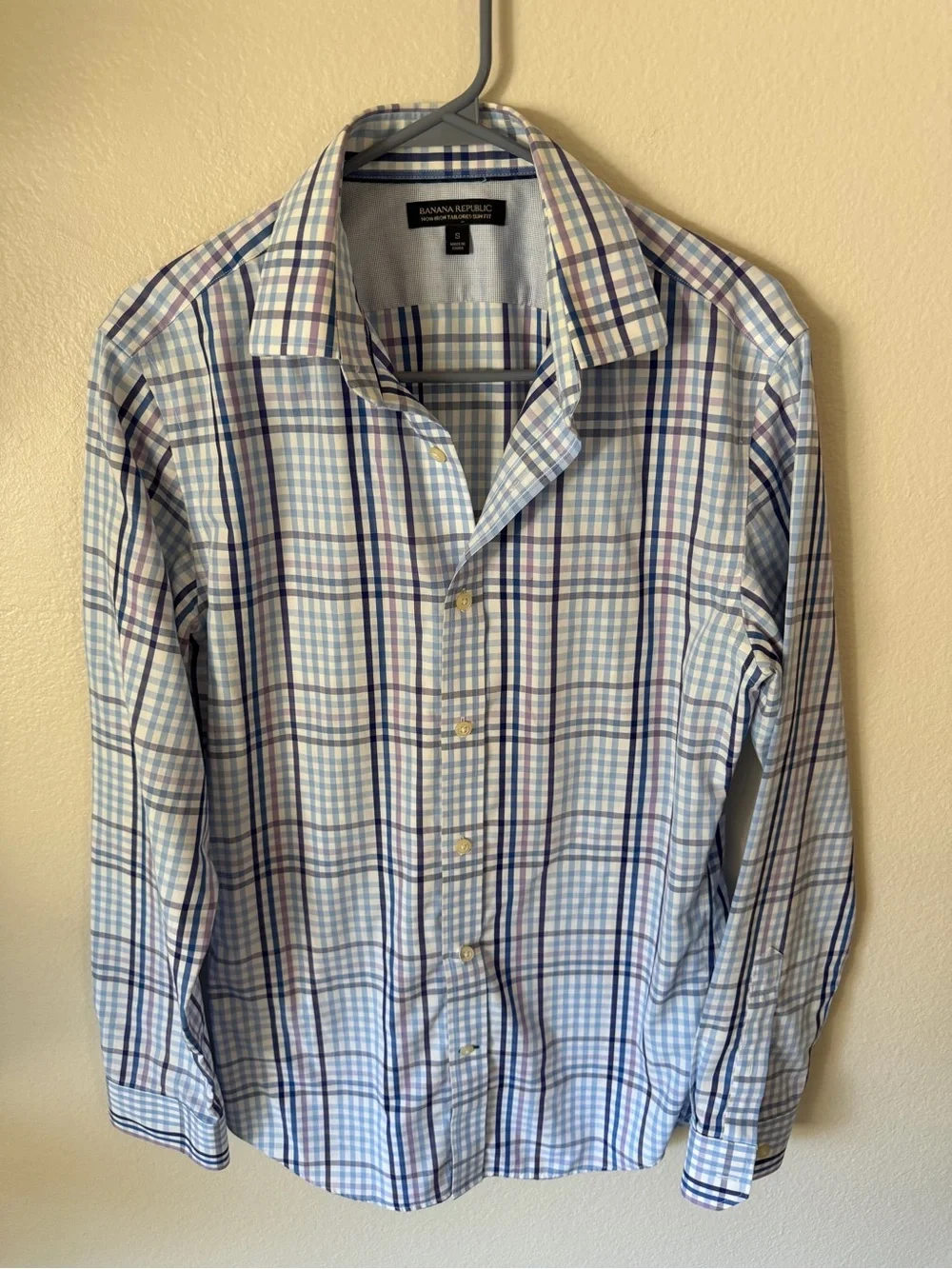 Banana Republic Men’s Light Blue and Navy Plaid Button-Down Shirt